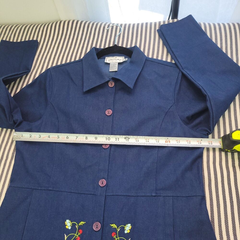Vintage Mia Nola Womens M Dark Blue Floral Embroidered Shirt Dress With Pockets - Picture 10 of 13